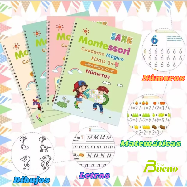 Set 4 cuadernos de caligrafía  y dibujo infantil + 1 Lápiz y 10 Recargas