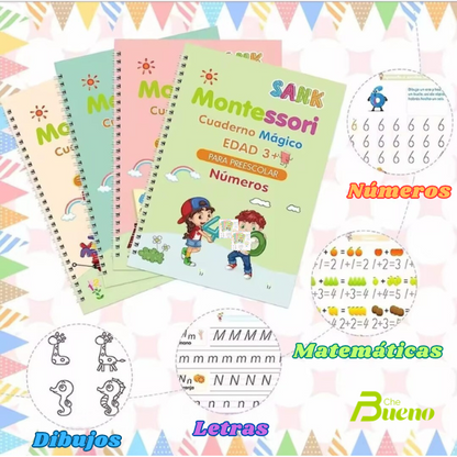 Set 4 cuadernos de caligrafía  y dibujo infantil + 1 Lápiz y 10 Recargas